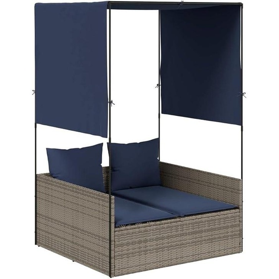 Transat double avec toit et rideaux, couleur gris. Transat en résine tressée pour jardin, conçu pour accueillir deux personnes. Zone de bronzage double avec coussins, idéale pour jardin, terrasse ou balcon