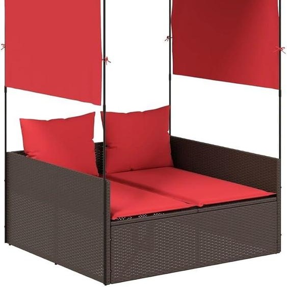Transat double avec toit et rideaux, en résine tressée marron, avec coussins rouges. Ensemble de détente double pour jardin, terrasse et extérieur, dimensions : 118 x 110 x 187 cm
