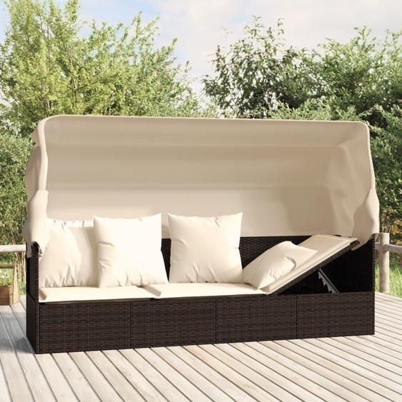 Transat en résine tressée - Transat de jardin avec protection solaire réglable et coussins