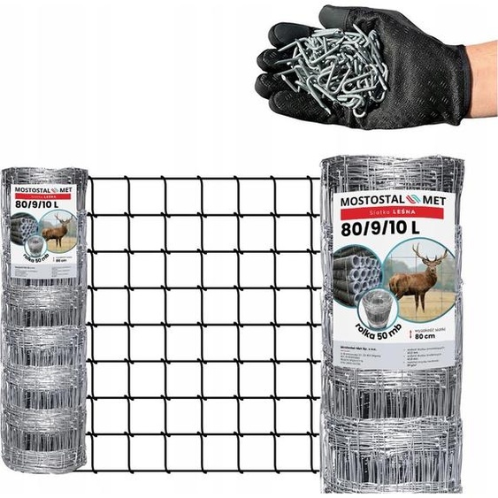 Clôture pour gibier  Maillage noué - galvanisé Clôture forestière - Filet de clôture de jardin - 80/9/10 L - 50 m - Résistant aux intempéries - illets carrés - Résistant aux intempéries