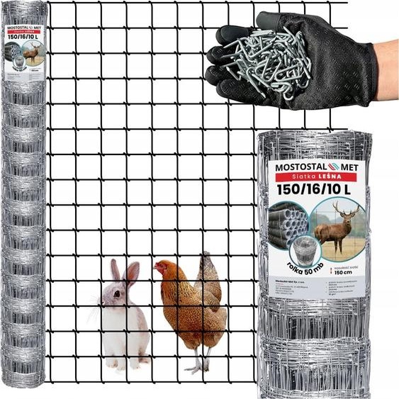 Treillis noué - Filet de protection contre le gibier - 150/16/10 L - 50 M - Résistant aux intempéries - Clôture pour gibier - Clôture forestière galvanisée - Légère et résistante