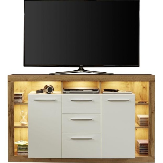 trendteam Wohnen Sideboard Rock Chêne Wotan NB + Blanc Mélamine/Blanc brillant 150 x 90 x 40 cm