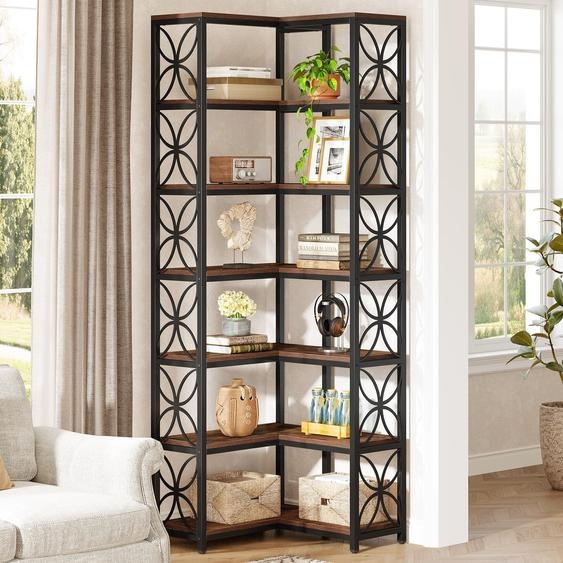 Tribesigns Bibliothèque, 7 étages haute bibliothèque dangle en bois avec cadre métallique, étagère dangle indépendante salon, cuisine, marron rustique noir