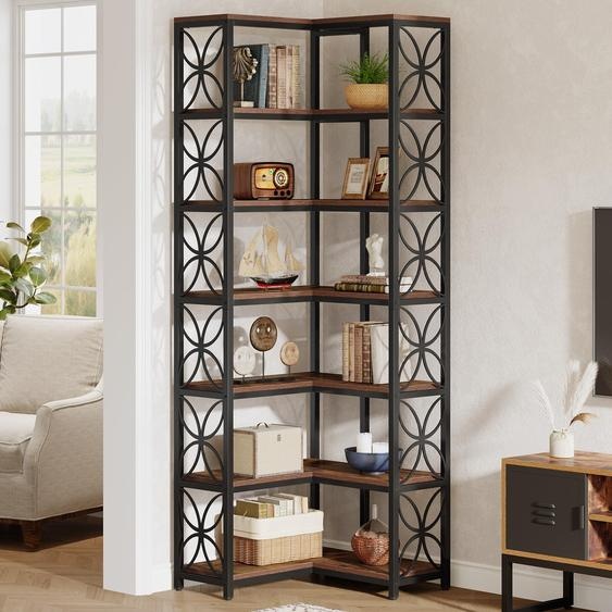 Tribesigns Bibliothèque, 7 étages haute bibliothèque dangle en bois avec cadre métallique, étagère dangle indépendante salon, cuisine, marron rustique noir