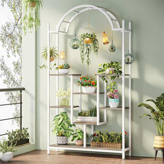 Tribesigns Support pour plantes dintérieur à 5 niveaux - Étagère arquée en métal avec crochets de suspension, Blanc et Gris