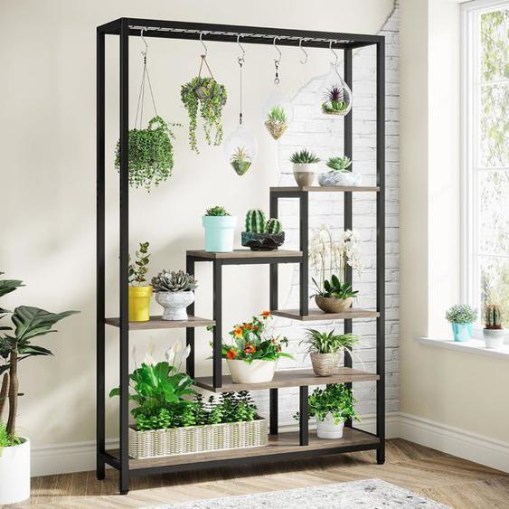 Tribesigns Support pour plantes dintérieur à 5 niveaux, Étagère en métal de 180 cm avec 10 S crochets, Noir et gris