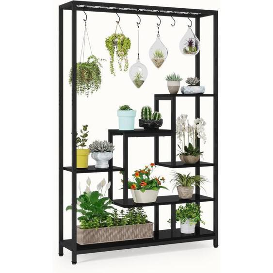 TRIBESIGNS Support pour Plantes en Métal 5 Niveaux avec 10 crochets de suspension en S, pour balcon intérieur et extérieur, Noir