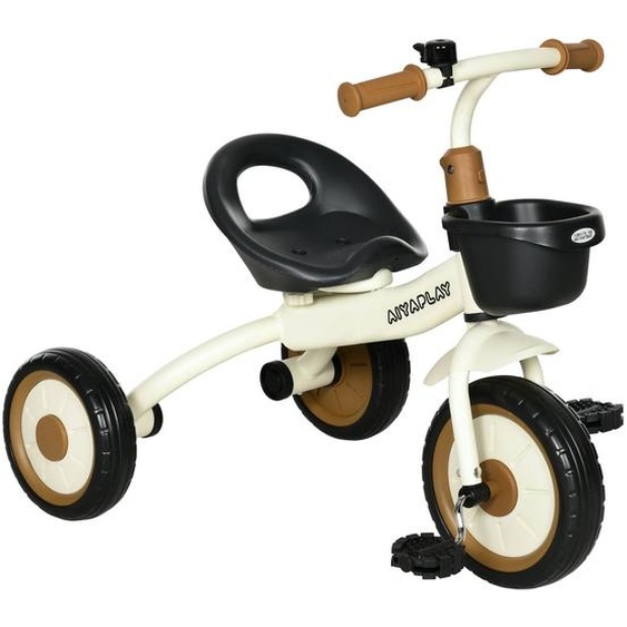 Tricycle Enfant Multi-équipé Garde-boue Sonnette Panier Pédales Antidérapantes Siège Réglable Avec Dossier Blanc