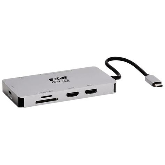Tripp Lite U442-DOCK8G-GG, Avec fil, USB 3.2 Gen 1 (3.1 Gen 1) Type-C, 100 W, 10,100,1000 Mbit/s, Noir, Gris, MicroSD (TransFlash), SD