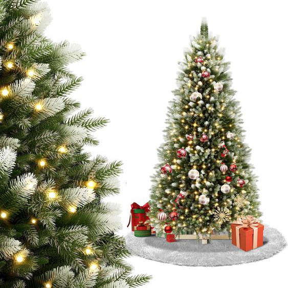 TRMLBE Arbre de Noël Artificiel 150cm 200LEDs Sapin Vert PVC+Blanc PE Montage rapide Décoration de Noël Arbre de Noël avec support en bois, pour intérieur-extérieur