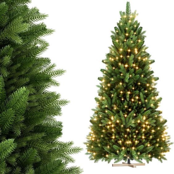 TRMLBE Arbre de Noël Artificiel 150cm 200LEDs Sapin Vert PVC+PE Montage rapide Décoration de Noël Arbre de Noël avec support en bois, pour intérieur-extérieur