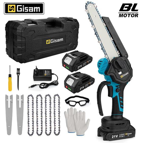 Gisam - Tronconneuse a batterie Brushless 8 pouces 2 batteries 21V 2.0h installation sams outil autolubrifiante, pour patio naison et jardin