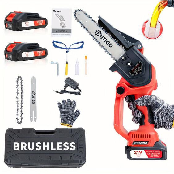 Tronçonneuse à batterie, Tronçonneuse sans balais, Tronçonneuse 8 pouces, Tronçonneuse 6000mAh, mini Tronçonneuse sans fil, 1 chaînes, 1 barres de