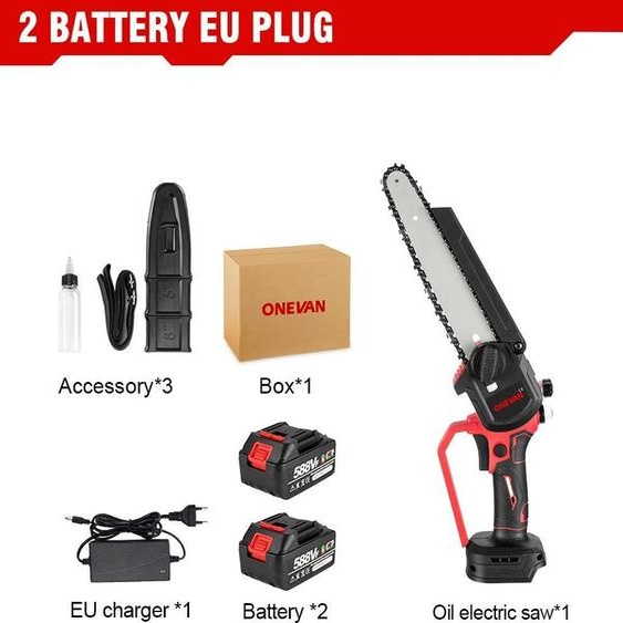 Tronçonneuse électrique - À batterie - Moteur sans balais - 4500 W - Guide-chaîne de 20 cm - Largeur de coupe de 30 cm - 2 batteries - Vert clair