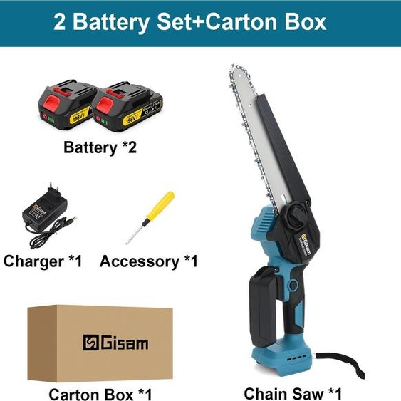 Tronçonneuse électrique - Mini-tronçonneuse 20 cm - Moteur sans balais - Sans fil 18 V - 2 batteries incluses - Pour lélagage et le bois - Bleu clair