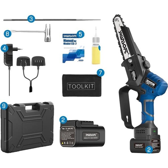 Tronçonneuse électrique, moteur sans balais, design léger, 6inch CS-2S bleu, deux batteries, Tronçonneuses électriques