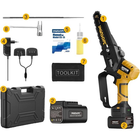 Tronçonneuse électrique, moteur sans balais, design léger, 6inch CS-2S jaune, deux batteries, Tronçonneuses électriques