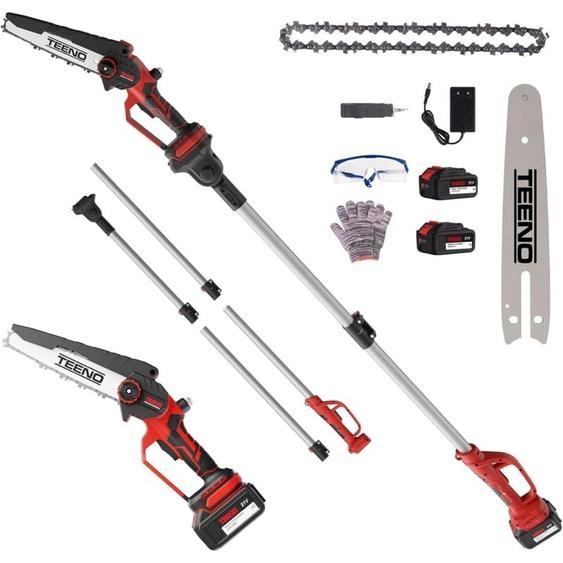 Tronçonneuse Electrique Sans fil Teeno 21V 600W Sécateur Electrique 2 en 1, 2 Batterie 4A Chargeur, Tronçonneuse sans Balais Rechargeable, Détachable