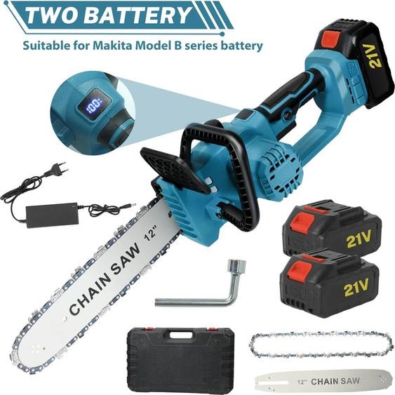 Tronçonneuse - Sans fil, alimentée par batterie - Moteur sans balais - Longueur de guide-chaîne 30 cm - 2 batteries 18 V - Rechargeable - Rouge