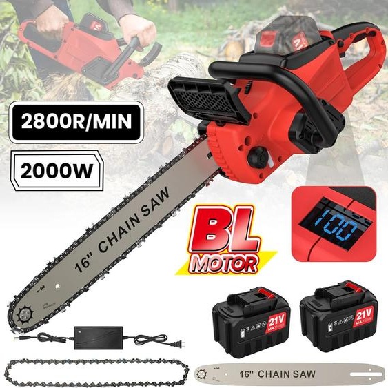 Tronçonneuse sans fil - Sans balais, 40 cm, électrique - Avec 2 batteries - À guidage manuel - Pour lélagage et le travail du bois - Rouge