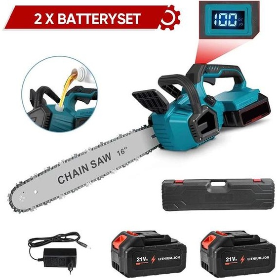 Tronçonneuse sans fil - Sans balais 8000 W - Longueur de guide 40 cm - Lubrification automatique de la chaîne - 2 batteries incluses - Compatible 18 V - Rouge