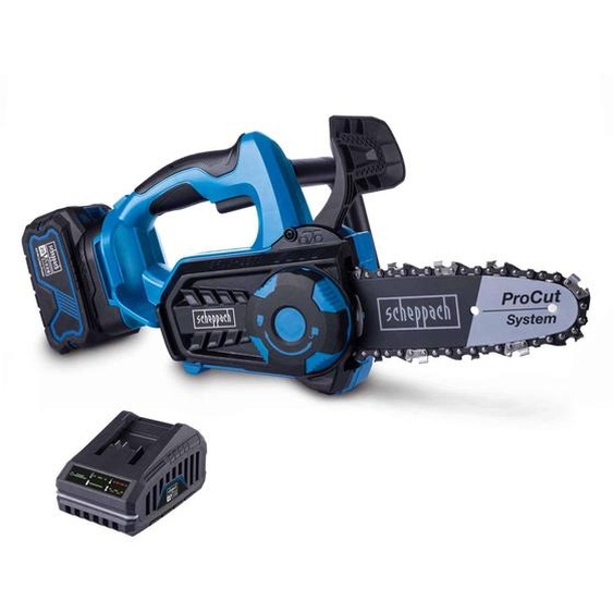 Tronçonneuse sans fil Scheppach BC-TCS200-X - Brushless | Longueur de coupe 17,5 cm | Longueur de guide 20 cm | Vitesse de coupe 7 m/s | Batterie 4 Ah + chargeur 2,4 A inclus
