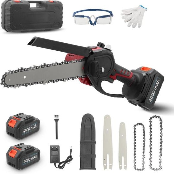 Tronçonneuse sans fil - Scie à branches sans balais - Longueur de guide-chaîne 15/20 cm - Batterie 18 V - Entretien du jardin et élagage - CE - Rouge