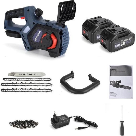 Tronçonneuse sans fil - Tronçonneuse sans fil - Moteur sans balais - Lame de 30 cm - 3300 tr/min - 22 V - 2x 3.0 Ah Li-Ion - Bleu