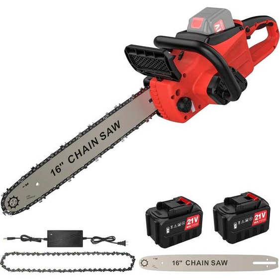 Tronçonneuse - Tronçonneuse sans fil 40 cm - 2000 W - Moteur sans balais - 2 batteries Li-ion incluses - Sans fil - Rouge carmin