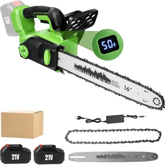 Tronçonneuse - Tronçonneuse sans fil - Moteur sans balais - Guide-chaîne de 40 cm - 2200 W - Lubrification automatique de la chaîne - 2 batteries incluses - Prise UE - Vert clair