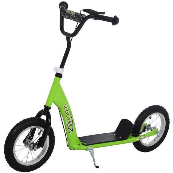 Trottinette Patinette Enfant - Grandes Roues - Guidon Réglable - Poignée Frein Et Béquille - Acier Vert