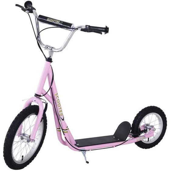Trottinette Patinette Enfant Grands Pneus Guidon Réglable Poignées Freins Et Béquille Acier Rose