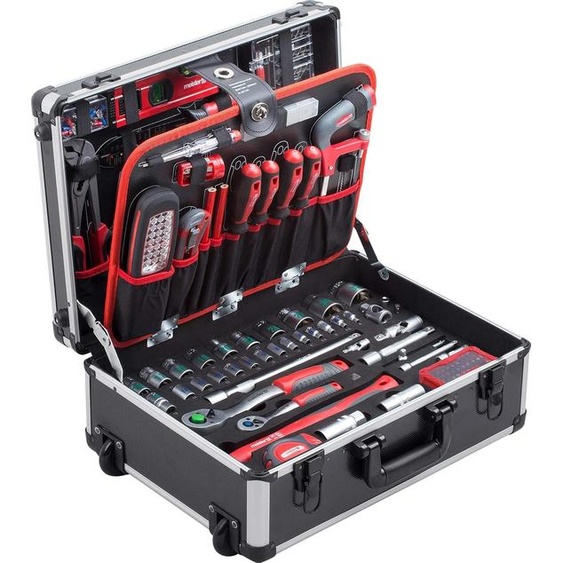 Trousse à outils, 156 pièces, avec roulettes, poignée télescopique, remplie, caisse à outils, noir