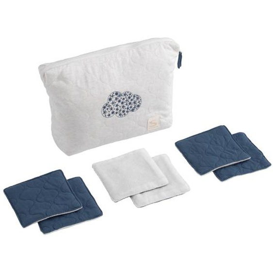 Trousse De Toilette En Coton Matelassé Et 6 Carrés Éponge Blanc/bleu