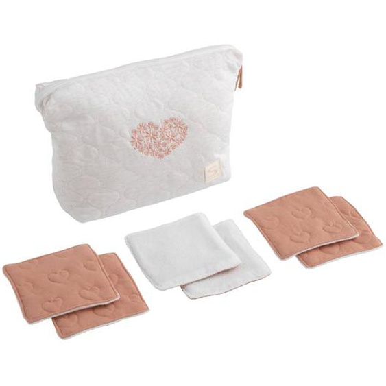 Trousse De Toilette En Coton Matelassé Et 6 Carrés Éponge Blanc/rose