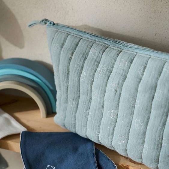 Trousse de toilette en gaze de coton bleu grisé