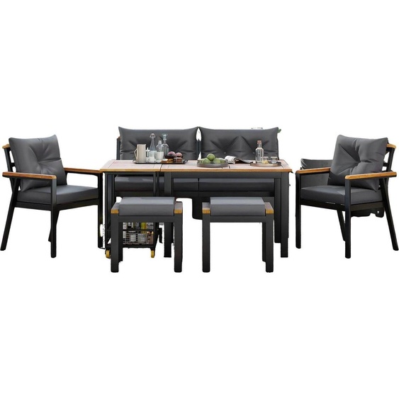 Tuin Ensemble de salon pour jardin ou terrasse - 7 pièces - Pour 6-7 personnes - Avec fauteuils, banc, tabourets & chariot de service - Housses amovibles & lavables - Bois dacacia - Gris