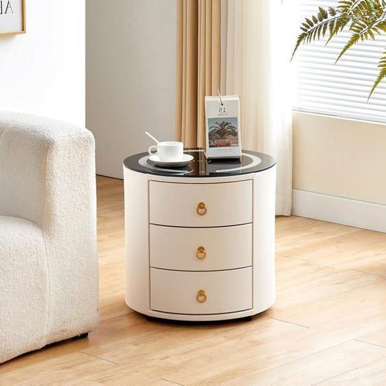 TUKAILAi Table de chevet ronde de luxe, avec chargement sans fil, 3 tiroirs en bois massif, armoire de chambre