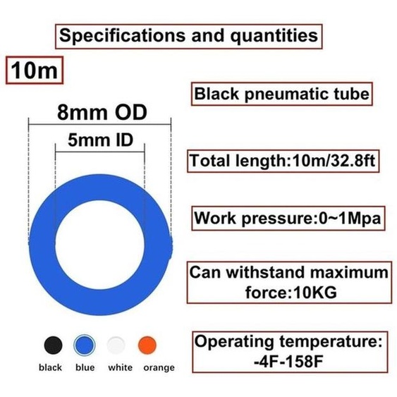 Tuyau dair de 10 mètres - Polyuréthane (PU) - Diamètre extérieur : 8 mm / Diamètre intérieur : 5 mm - Grande flexibilité - Livré avec connecteurs - Couleur : bleu - Tuyau pour air comprimé