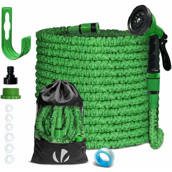 Vounot - Tuyau dArrosage Flexible Extensible 30m avec Accessoires Vert - 10 Modes - Support mural, sac de rangement inclus