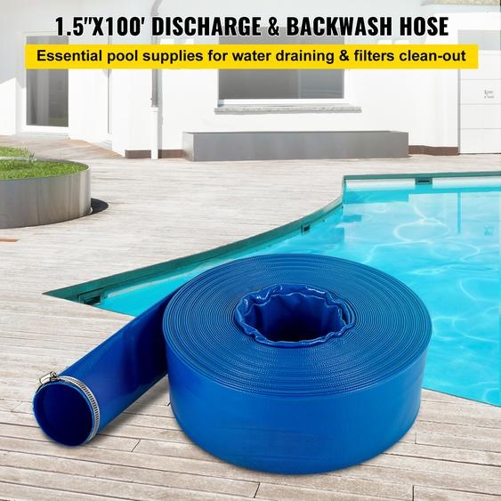 Tuyau de vidange, 38 mm x 32 m, tuyau plat en tissu PVC, tuyau de vidange de contre-lavage robuste avec colliers, résistant aux intempéries et étanche, idéal pour les piscines et les systèmes de transfert deau, de couleur bleue