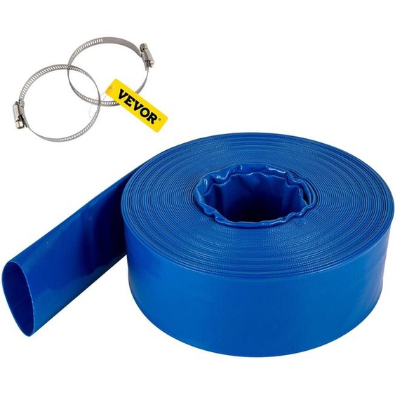 Tuyau dévacuation VEVOR, 2 x 105, tuyau plat en tissu PVC, tuyau dévacuation à rétrolavage robuste avec pinces, résistant aux intempéries et peu encombrant, idéal pour la piscine et le transfert deau, bleu