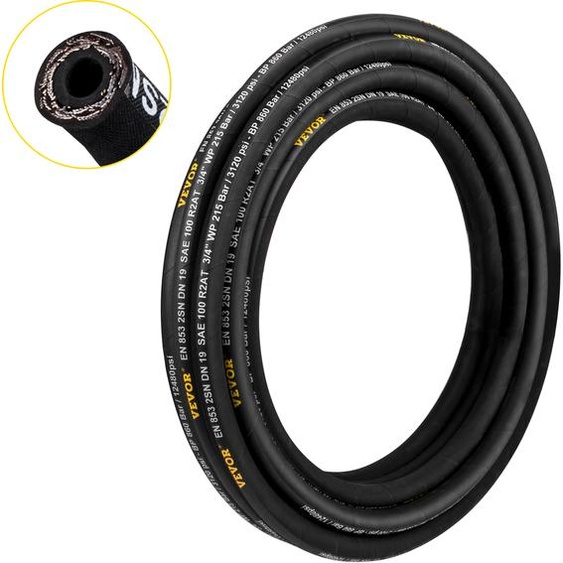 Tuyau hydraulique VEVOR 1,9 cm x 15,2 m, tuyau hydraulique enroulé 3120 PSI, tuyau hydraulique en caoutchouc avec 2 tresses en fil dacier à haute résistance, tuyau hydraulique en vrac -20 ℃ à 140 ℃