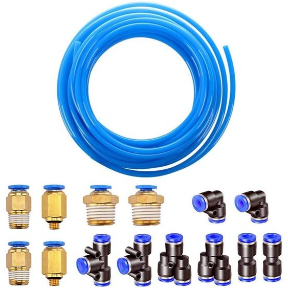 Tuyau pneumatiquePolyuréthane- 6 mm - 10 m - Bleu - Avec 8 raccords push-in pour 1/4 pouce - Pour compresseur et outils pneumatiques
