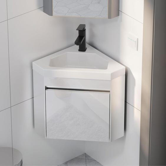 Meuble Lave-Mains dAngle, avec Robinet, Cabinet de Rangement, Meuble de Lavabo dAngle, Petit Meuble Suspendu, Blanc, 56 x 30 x 68 cm - UEV