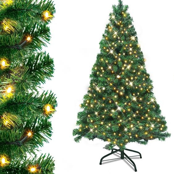 UISEBRT Arbre de Noël artificiel avec éclairage 210cm LED Sapin de Noël Arbre de décoration avec guirlande lumineuse et support Vert PVC