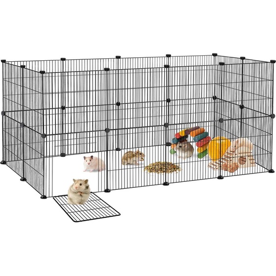 UISEBRT Enclos pour lapins Lapins cochons dInde Hamsters Enclos pour chiots Cage pour chats Parc DIY Grille en plastique et acier 24 plaques avec portes Noir 142x72x72cm