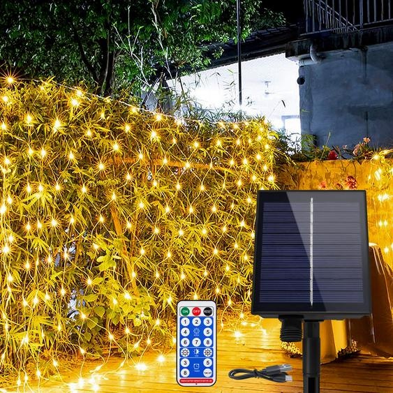 UISEBRT Filet lumineux solaire, 6×4m, 480 LED, blanc chaud, 8 modes, minuterie, fonction mémoire, chaîne lumineuse, filet lumineux, illuminations de Noël, décoration de fête