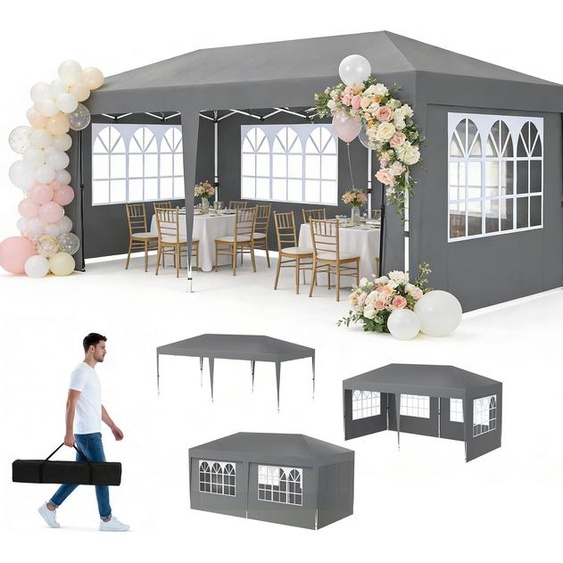 UISEBRT Pavillon pliable 3x6 m Pavillon de jardin pliable Imperméable Protection UV Tente de réception avec sac Gris, 6 parois latérales (4 fenêtres, 2 fermetures éclair)