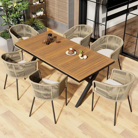 Ulife set jardin 7 pièces, 6 chaises + table acacia, housses amovibles et lavables, coussins inclus
